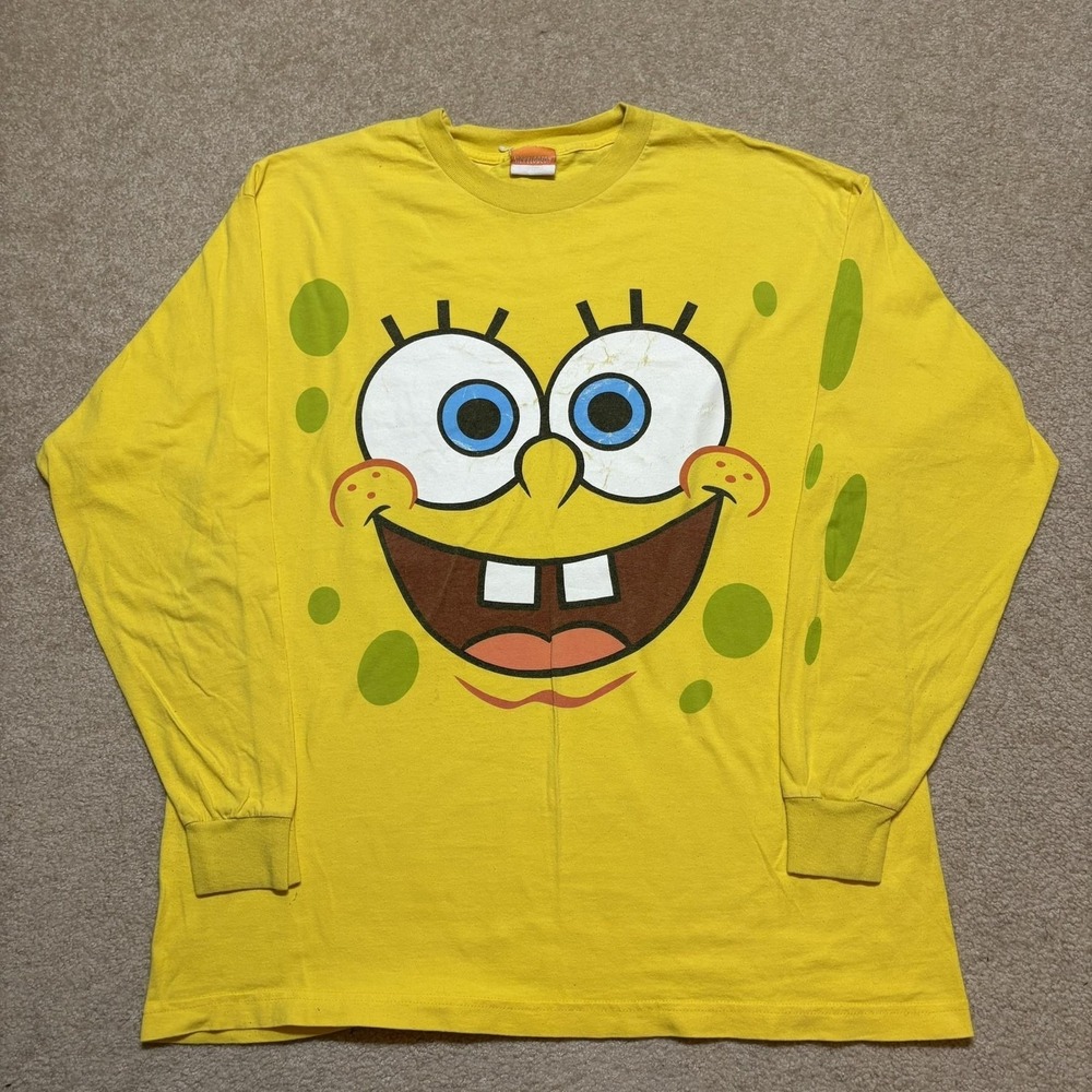 Vtg Nickelodeon SpongeBob SquarePants Shirt Mens XL Yellow Face Long Sleeve 2002